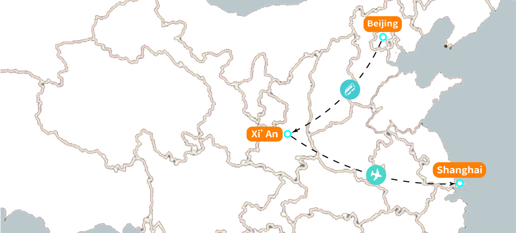 10-Day Beijing, Xi'an, Chengdu and Shanghai Group Tour Map